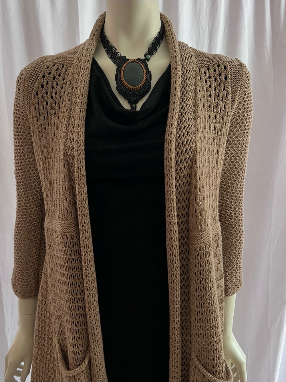 Like new! Crocheted cardigan, neutral color, easy wear and care